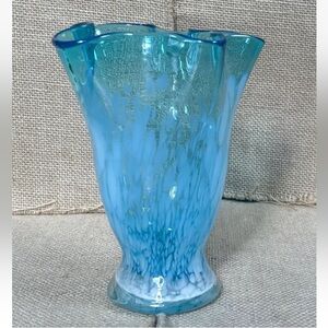 Blue White Speckled Art Glass Vase Ruffled Rim Beach Coastal Grandma Fairy Core